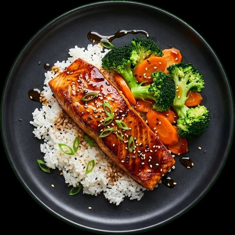 Teriyaki salmon with rice and vegetables