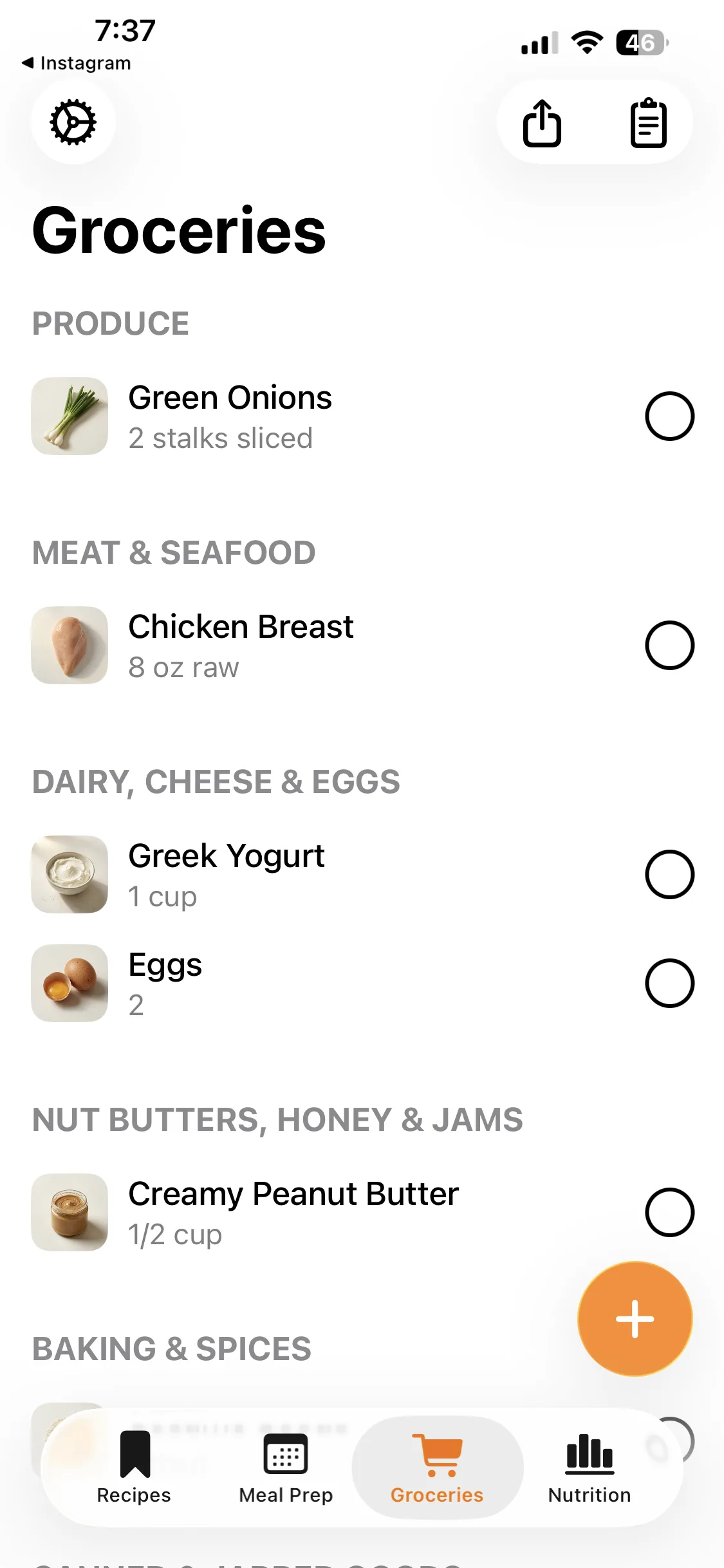 Kami grocery list sorted by aisle