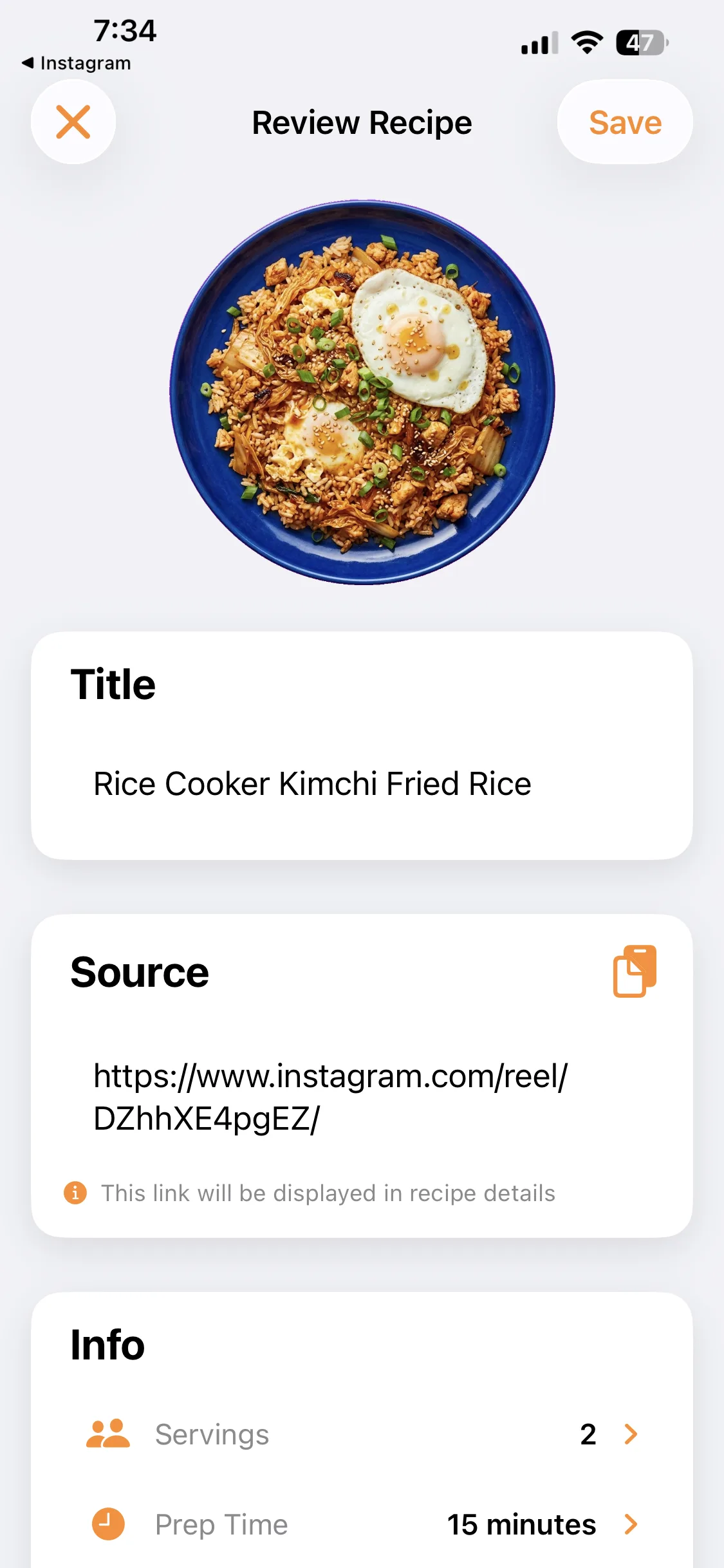 A recipe in Kami with ingredients and steps